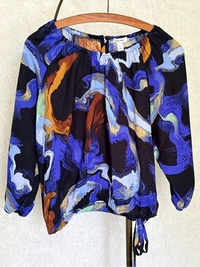 Nine West Blue Swirl Tie-Hem Peasant Top